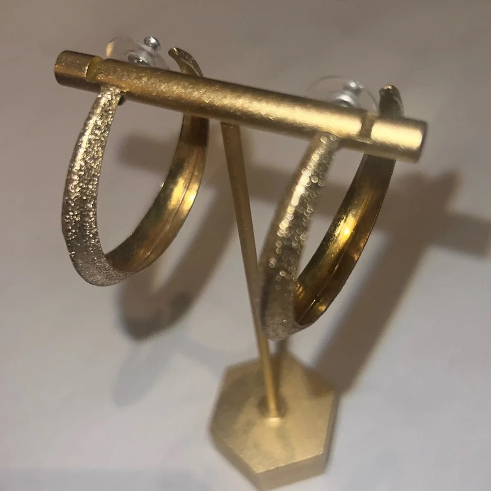 Gold sparkle textured hoops stud backing earrings open hoop 1.75” womens jewelry